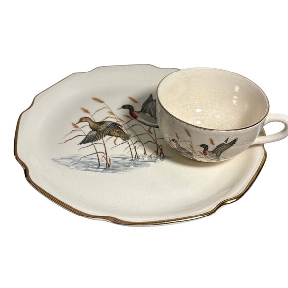 Georgina China Snack Plate & Tea Cup Set Mallard Ducks Breakfast Cabincore Birds - Picture 1 of 12